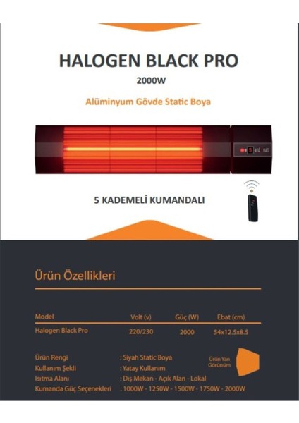 2000 Watt Halogen Black Pro 5 Kademeli Kumandalı- Dış Mekan Isıtıcı Cafe Teras Balkon fiyatları