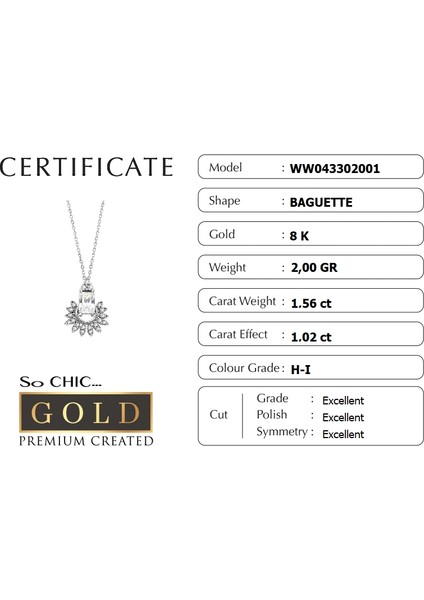 Beyaz Altın Sertifikalı Premium Created Baget Taşlı Kolye fiyatları