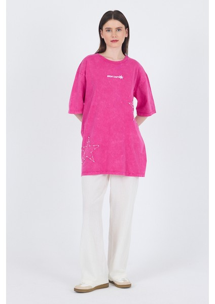 Fuşya Inci Yıldız Nakışlı Oversize Tişört 253018 modelleri