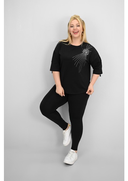 Kadın Büyük Beden Kısa Kollu Taş ve Inci Baskı Detaylı Oversize T-Shirt 1925-25