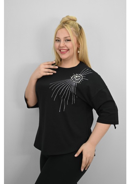Kadın Büyük Beden Kısa Kollu Taş ve Inci Baskı Detaylı Oversize T-Shirt 1925-25 fiyatları