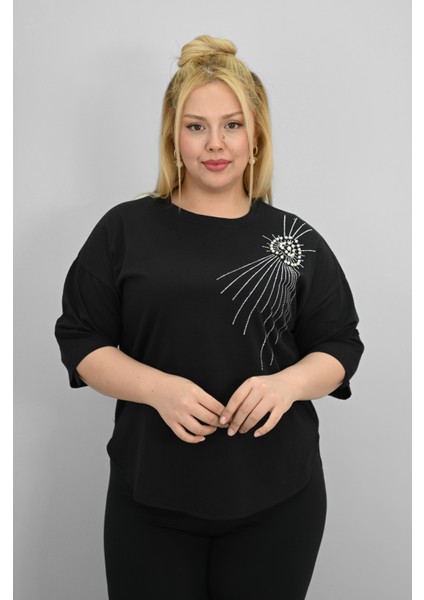 Kadın Büyük Beden Kısa Kollu Taş ve Inci Baskı Detaylı Oversize T-Shirt 1925-25 modelleri