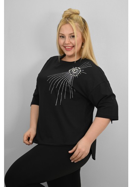Kadın Büyük Beden Kısa Kollu Taş ve Inci Baskı Detaylı Oversize T-Shirt 1925-25 fırsatları