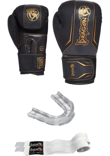 Legacy Boks Kick Boks Muay Thai Eldiveni Beyaz Bandajlı Şeffaf Dişlik 3'lü Set