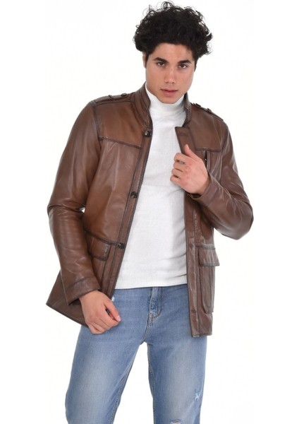 Hakiki Deri Kahverengi Kapaklı Cepli Erkek Deri Ceket
