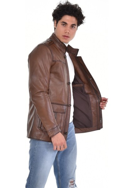 Hakiki Deri Kahverengi Kapaklı Cepli Erkek Deri Ceket fiyatları