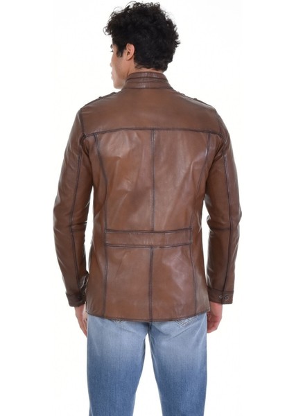 Hakiki Deri Kahverengi Kapaklı Cepli Erkek Deri Ceket modelleri