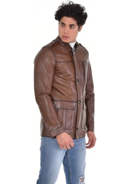 Hakiki Deri Kahverengi Kapaklı Cepli Erkek Deri Ceket fırsatları