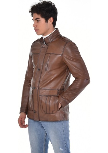 Hakiki Deri Kahverengi Kapaklı Cepli Erkek Deri Ceket indirimleri