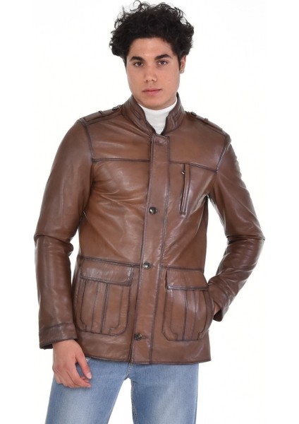 Hakiki Deri Kahverengi Kapaklı Cepli Erkek Deri Ceket