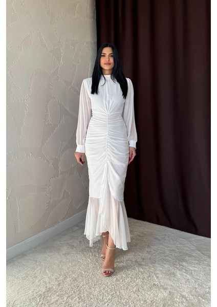 Beyaz Önü Büzgülü Şifon Elbise fiyatları