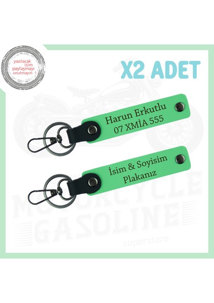 Fıstık Yeşili Tonunda, Motor Tutkunları Için Isim ve Plaka Detaylı Deri 2'li Anahtarlık, Hatıralık