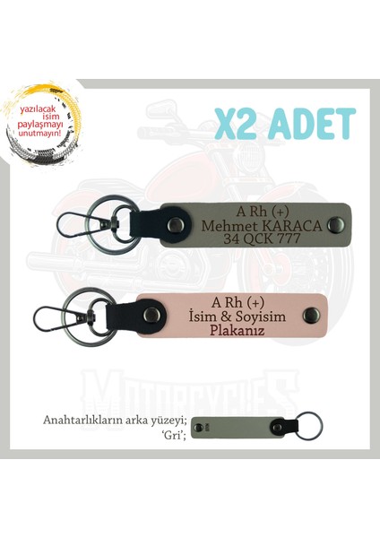 Motorcu Sevgiliye Hediye Isim Plaka ve A Rh (+) Kan Grubu Yazılı X2 Anahtarlık, Yavruağzı-Kül Gri-Gr