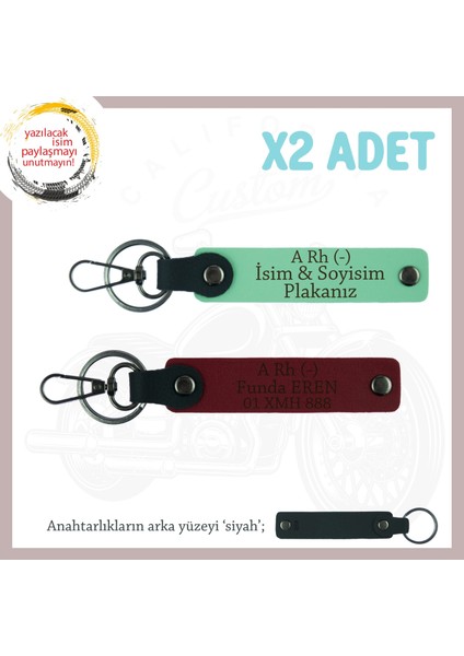 Motorcu Dostlara Özel, Isim Plaka ve A Rh (-) Kan Grubu Yazılı X2 Anahtarlık Set, Yeşil-Bordo-Syh