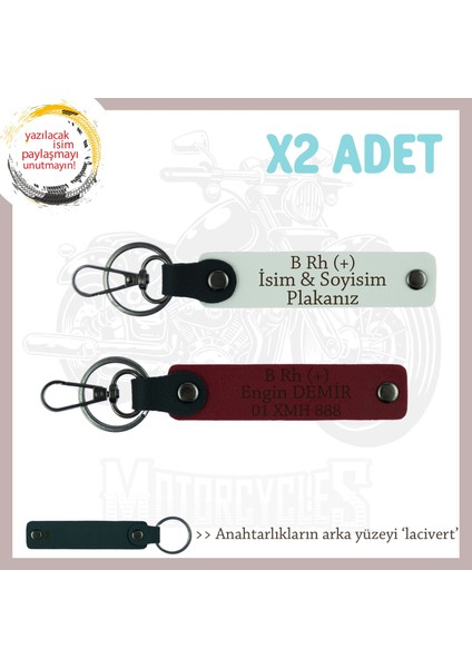 Bikerlar Isim Plaka, B Rh (+) Kan Grubu Yazılı Deri X2 Anahtarlık Hediyelik Takım, Beyaz-Bordo-Laci