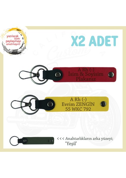 Motor Severlere Özel Hediye, Isim Plaka, A Rh (-) Kan Grubu Yazılı 2'li Anahtarlık, Kırmızı-Sarı-Ysl