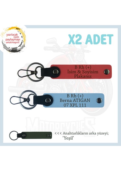 Yol Arkadaşları Için, Isim Plaka ve B+ Kan Grubu Kişiye Özel X2 Anahtarlık Set, Nar Çiçeği-Mavi-Ysl