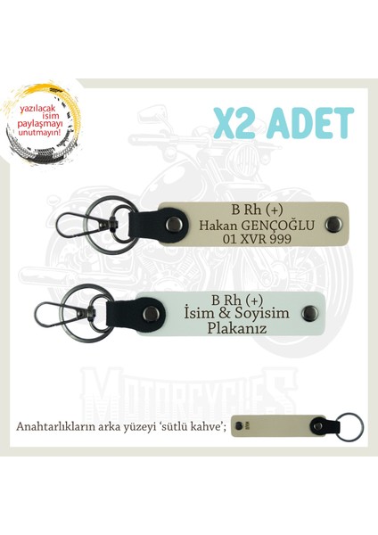Motosiklet Maceracıları, Isim Plaka ve B Rh (+) Kan Grubu Yazılı Anahtarlık 2li, Beyaz-S Kahve-Sk
