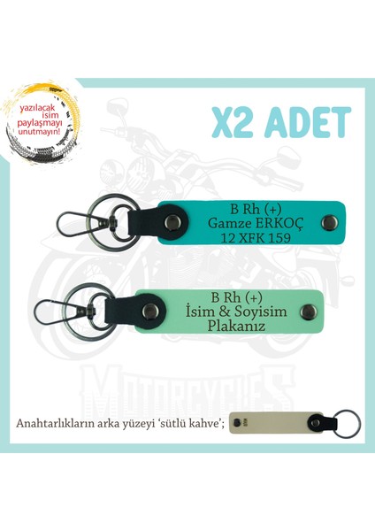 Biker Stiline Özel, Isim Plaka ve B Rh (+) Kan Grubu Yazılı X2 Anahtarlıkları, Yeşil-K Turkuaz-Sk