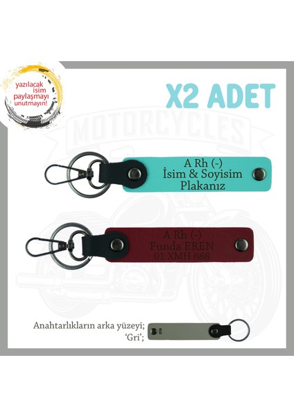 Motor Tutkunlarına Özel Isim Plaka, A- Kan Grubu Yazılı Özel Üretim X2 Anahtarlık, Turkuaz-Bordo-Gr