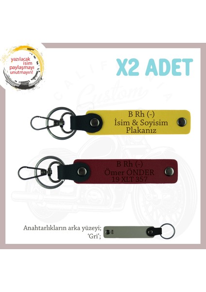 Motor Tutkunlarına Isim Plaka ve B Rh (-) Kan Grubu Yazılı Özel Üretim X2 Anahtarlık, Sarı-Bordo-Gr