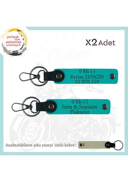 Yol Arkadaşlarına Özel Isim Plaka, 0 Rh (-) Kan Grubu Yazılı Kişiye Özel X2 Anahtarlık, K Turkuaz-Sk