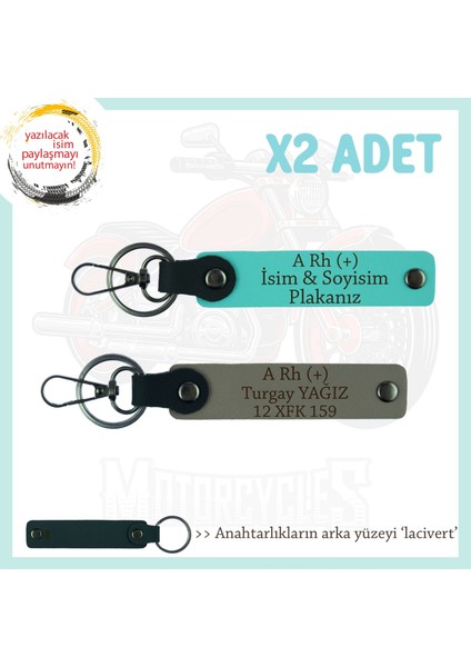 Biker Tarzına, Isim Plaka ve A Rh (+) Kan Grubu Yazılı 2'li Hediye Anahtarlık, Kül Gri-Turkuaz-Laci
