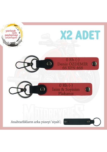 Motor Severlere Hediye Isim Plaka ve 0 Rh (-) Kan Grubu Yazılı X2 Anahtarlık Deri, Nar Çiçeği-Syh