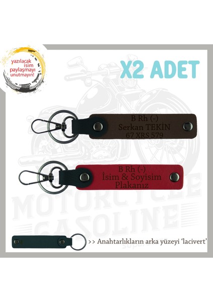 Motosiklet Severlere, Isim Plaka ve B Rh (-) Kan Grubu Yazılı 2' Li Anahtarlık, Kırmızı-Beyaz-Laci