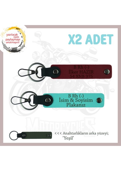 Motor Tutkunlarına Özel Armağan, Isim Plaka ve B- Kan Grubu Yazılı X2 Anahtarlık, Turkuaz-Bordo-Ysl
