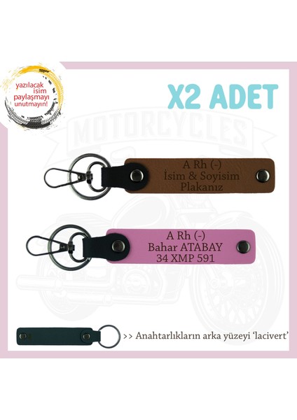 Motosiklet Aşıkları Için Isim Plaka, A (-) Kan Grubu Yazılı Kişisel X2 Anahtarlık, Kahve-Pembe-Laci