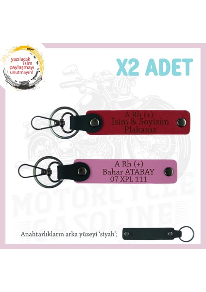 Motosiklet Aşıkları Için, Isim Plaka ve A Rh (+) Kan Grubu Yazılı 2'li Anahtarlık, Kırmızı-Pembe-Syh