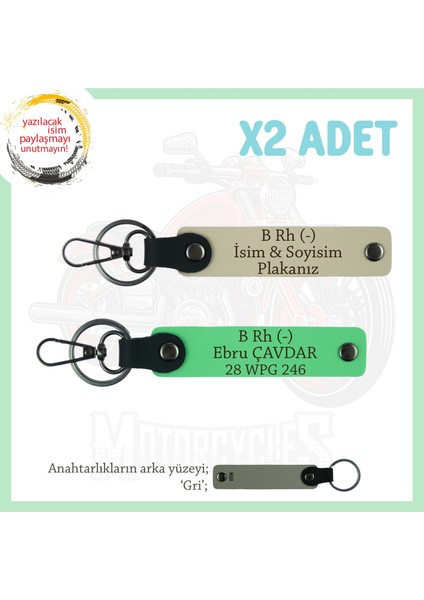 Motorcu Tarzı Plakalı & Isimli Deri X2' Li Anahtarlık, B Rh (-) Kan Grubu Ile, S Kahve-F Yeşil-Gr