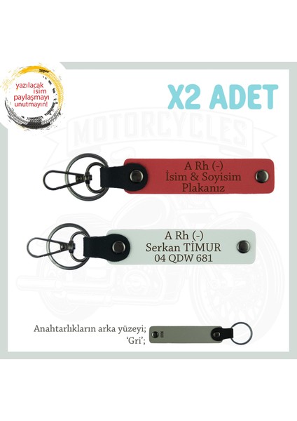 Hız Severlere Özel, Isim Plaka ve A Rh (-) Kan Grubu Yazılı X2 Anahtarlık Set, Nar Çiçeği-Beyaz-Gr