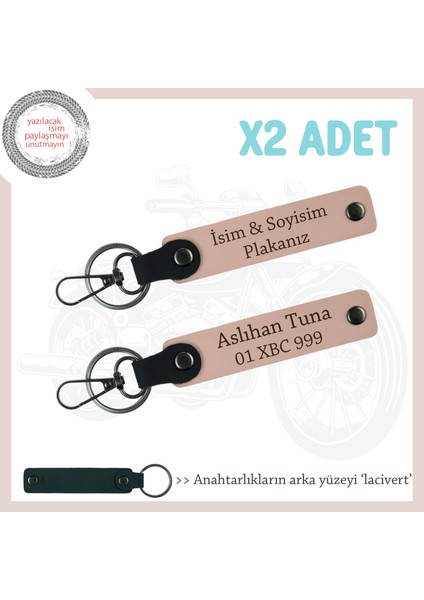 Kurye ve Motorculara Uygun Isim ve Plaka Yazılı 2’li Deri Anahtarlık Hediye, Yavruağzı-Lacivert