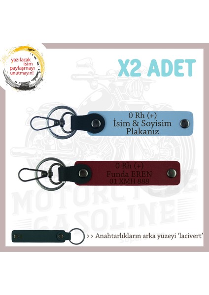 Motor Severlere Özel, Isim Plaka ve 0 + Kan Grubu Yazılı Kişiye Özel X2 Anahtarlık, Mavi-Bordo-Laci
