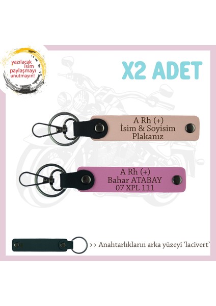 Isim Plaka ve A Rh (+) Kan Grubu Yazılı Değerli Hediye 2'li Set Anahtarlık , Yavruağzı-Pembe-Laci