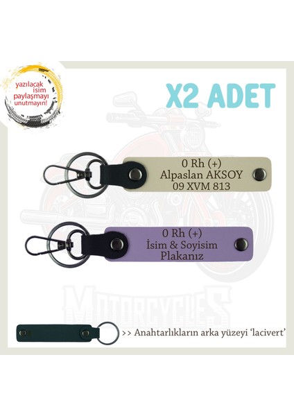 Motorcu Için, Isim Plaka ve 0 Rh (+) Kan Grubu Yazılı Hediye X2' Li Anahtarlıklar, Mor-S Kahve-Laci