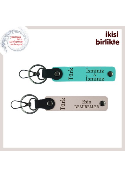 Sevgiline Sonsuzluğu Hatırlatacak Armağan – Türk Yazısı Deri Anahtarlık X2, Turkuaz-Pudra