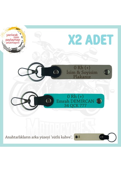 Motor Tutkunlarına Isim Plaka, 0 + Kan Grubu Yazılı Özel Üretim X2 Anahtarlık, Kül Gri-K Turkuaz-Sk