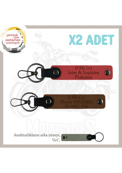 Biker Stiline Özel, Isim Plaka ve 0 Rh (+) Kan Grubu Yazılı Motor X2 Anahtarlık, Nar Çiçeği-Kahve-Gr