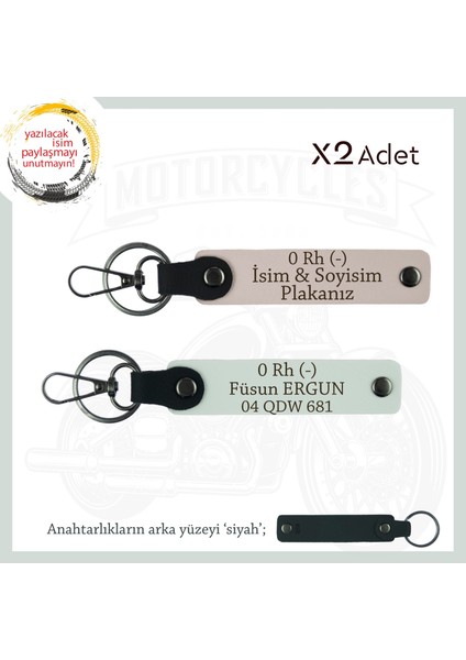 Motor Tutkunlarına Özel, Isim Plaka ve 0 Rh (-) Kan Grubu Yazılı Deri X2 Anahtarlık, Pudra-Beyaz-Syh
