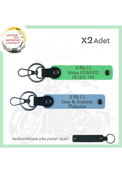 Biker Dostlarına, Isim Plaka ve 0 Rh (-) Kan Grubu Yazılı, Motor X2' Li Anahtarlık, Mavi-F Yeşil-Syh