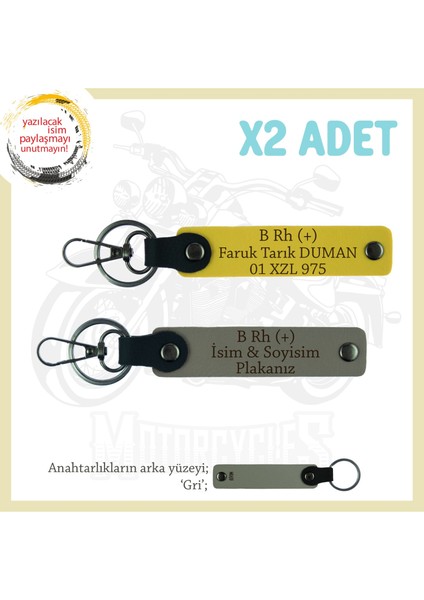 Yolların Sürücülerine, Isim Plaka ve B Rh (+) Kan Grubu, Kişiye Özel X2 Anahtarlık, Kül Gri-Sarı-Gr