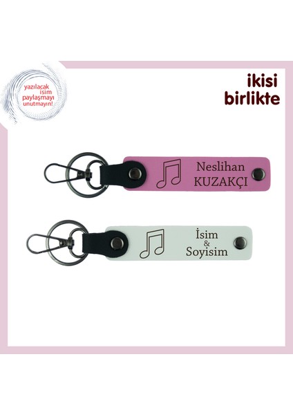 Kardeşinle Paylaşılan Melodilere Hatıra, Isimli Deri Anahtarlık Takımı, Pembe-Beyaz