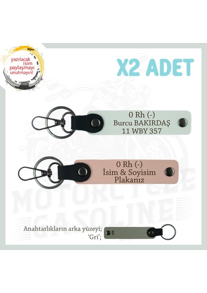 Erkek Motorcuya Hediye, Isim Plaka ve 0 Rh (-) Kan Grubu, Deri X2' Li Anahtarlık, Yavruağzı-Beyaz-Gr