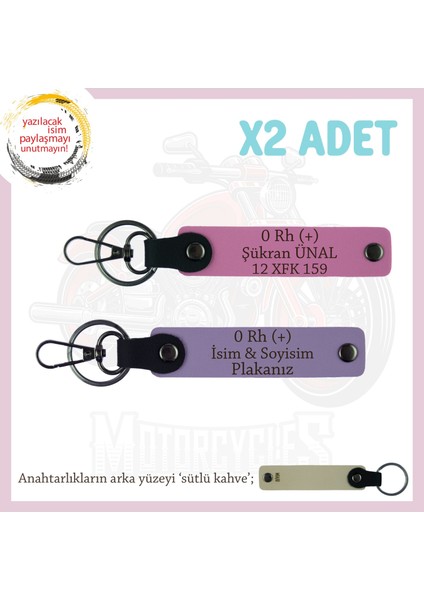 Motor Severlere Özel Tasarım, Isim Plaka ve 0 Rh (+) Kan Grubu X2' Li Set Anahtarlık, Mor-Pembe-Sk