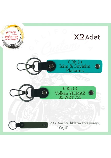 Motosikleçiye Hediye, Isim Plaka ve 0 - Kan Grubu Yazılı X2 Anahtarlık, K Turkuaz-F Yeşil-Ysl