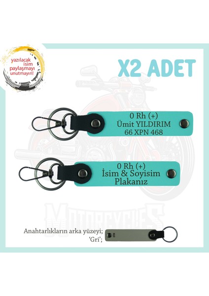 Motor Plakan, Ismin Anahtarlığında! Isim Plaka, 0 Rh (+) Kan Grubu Yazılı X2 Anahtarlık, Turkuaz-Gr