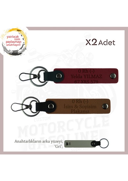 Motosiklet Tutkunlarına, Isim Plaka ve 0 Rh (-) Kan Grubu Yazılı Deri X2 Anahtarlık, Kahve-Bordo-Gr
